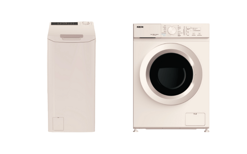 Front-load washing machine next to a top-load washing machine showing a water-use comparison